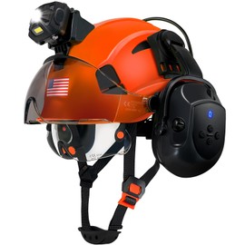 SAFEBUILDER Hard Hats with Bluetooth Ear Muffs Headlight Safety Helmet with Visor Vented Adjustable Construction Forestry Hardhats ANSI (Orange+CSV+BTE+SHL01)