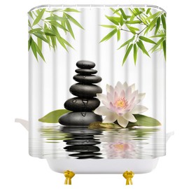 JEJOMEAG Zen Spa Japanese Shower Curtain Bamboo Leaves Black Stone Lotus Relaxing Meditation Minimalist Women Girls Polyester Fabric Bathroom Curtain with Hooks, 70x70 Inch