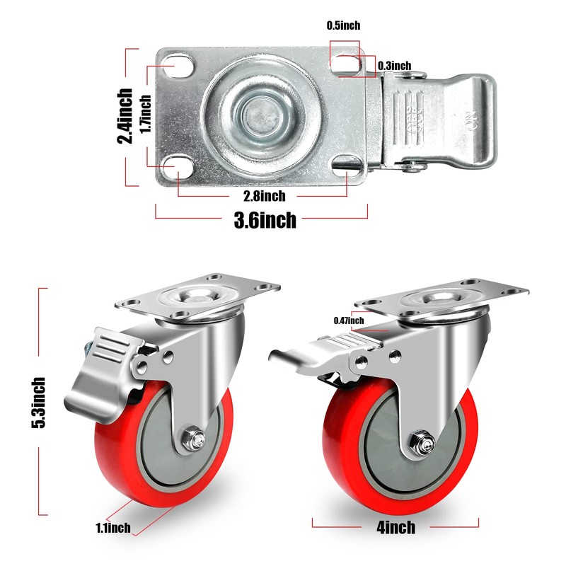 MaxxHaul 50687 4" Heavy Duty Locking Swivel Casters with Brakes,