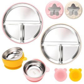 MISSLILI Stainless Steel Baby Plate and Bowls with Suction, Divided Kids Baby Plate and Toddler Bowl with Removable Silicone Suction, Non-Slip Baby Feeding Set Dishwasher Safe，4 Packs