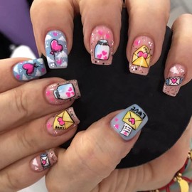 Valentine's Day Press on Nails Short Square Love Heart Mail Drifting Bottle Design Cute False Nails Full Cover Reusable Glossy Coffin Nails Artificial Acrylic Nail Glue on Nails for Women 24Pcs
