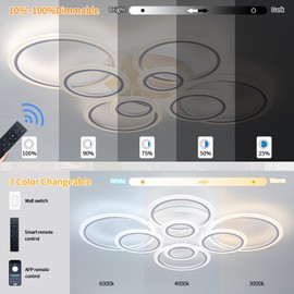 Shine LUEST Modern LED Ceiling Light, Dimmable LED Chandelier Flush Mount Ceiling Lights, Remote Control Acrylic Ring Ceiling Lamp Fixture for Living Room Dining Room Bedroom (White, 8 Rings)