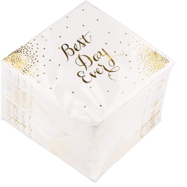 Procest Gold Foil Cocktail Napkins, 100 Pack for Wedding Reception, Special Occasions, Engagement Party, 3 PLY Folded 5"x 5" Coctail Napkins, Saying "BEST DAY EVER"