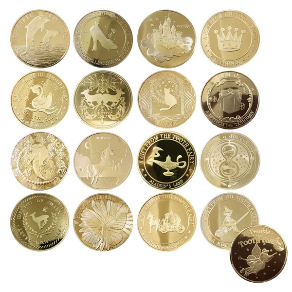 ENN LLC Toy Medal, Gold Coin, Tooth Fairy, Baby Teeth, Gold Rebirth (Set of 16 Back Designs)
