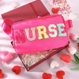 Nurse Bag Chenille Letter Patch Belt Nurse Bags Nurse Gift Cosmetic Bag Hot Pink Purse Crossbody Bag Nylon Adjustable Strap for Women Friends Coworkers Zipper Makeup Pouch