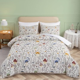 SOULZZZ Mushroom Comforter Set 3 Piece, Colorful Mushroom Decor King Bedding with Plants and Flowers, Aesthetic Cute Mushroom Room Decor Comforter for Kids Adults Boys Girls, King, Cream