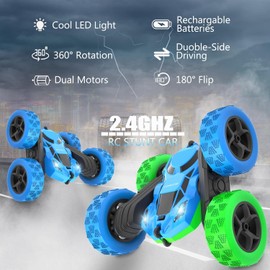 Remote Control Cars for Kids, Stunt RC Cars with 4WD Double-Sided Driving 360° Flips Rotating, Remote Car Toys for Boys Christmas Birthday Gifts - Blue&Green