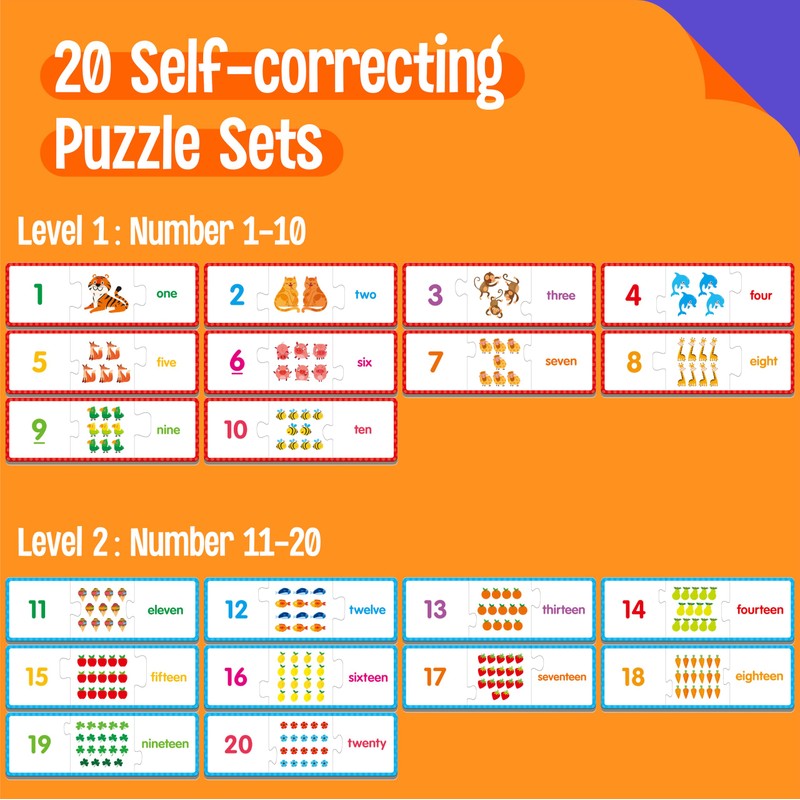 1-20 Number Puzzles, 20 Self-Correcting Matching Puzzle Set, Educational Counting