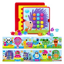 JurciCat Child Mosaic Plug-In Game with 46 Large Beads and 12 Colourful Cards, Creative Educational Learning Toy for Plug-In Game from 2 Years