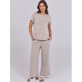 ANRABESS Women 2 Piece Lounge Sets Summer Travel Sweat Outfits Short Sleeve Wide Leg Casual Matching Tracksuits Clothes Light Khaki X-Small