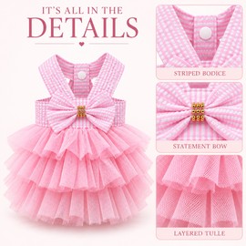 Dog Dress for Small Dogs, Pink Boutique Puppy Tutu Dress with Bow, Breathable Summer Princess Outfit for Girl Dogs & Cats, Layered Tulle Pet Clothing XS-2XL