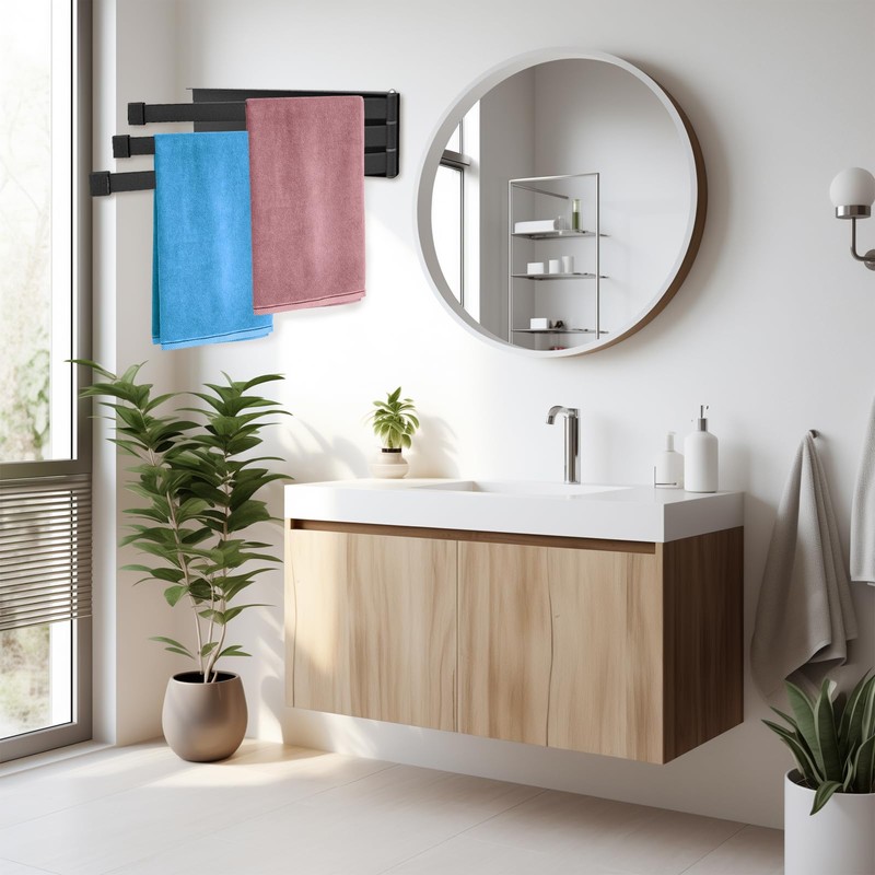 Towel Rail Black with 3 Arms No Drilling Towel Rail