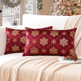 Ohok Christmas Gold Hot Embossing Velvet Cushion Cover, Set of 2, Decorative Sofa Cushion, Couch Cushion, Decorative Cushion Covers for Sofa, Living Room, Bedroom (Burgundy, Snowflake A, 30 x 50 cm)