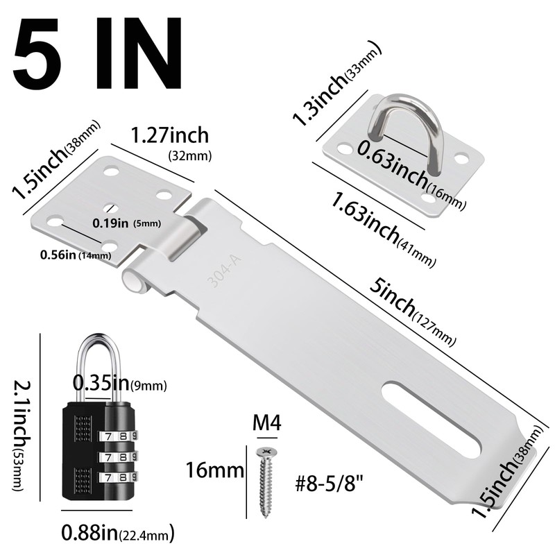 Tanbupu 2Pcs Door Locks Hasp Latch,5 Inch 304 Stainless Steel