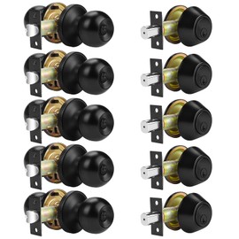 Probrico Keyed Alike Entry Door Knobs with Single Cylinder Deadbolt Combination, Flat Black, 5 Pack
