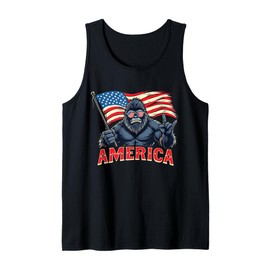 Mens America Bigfoot Sasquatch July 4th USA Flag Rock Patriotic Tank Top