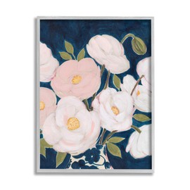 Stupell Industries Luminous Pink Floral Bouquet Over Deep Blue, Design by Grace Popp Grey Framed Wall Art, 11 x 14