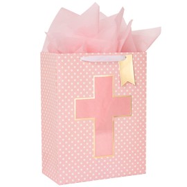 Loveinside Pink Gift Bag with Cross Design, Tissue Paper for Baby Girl Baptisms, Christenings, First Communions Religious Occasion- 10" x 5" x 13", 1 Pcs