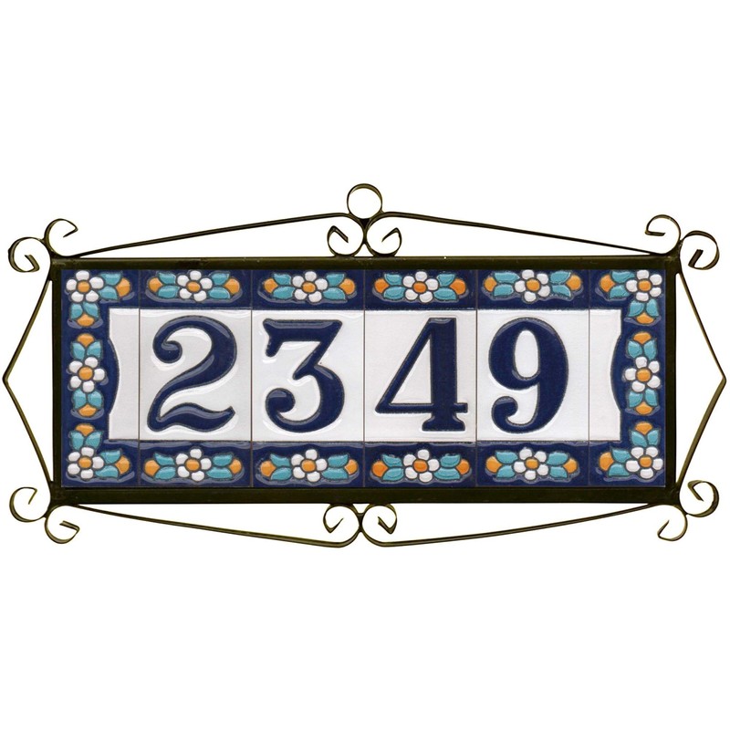 Ceramic House Tile Numbers & Letters, Blue Floral Design, Tile