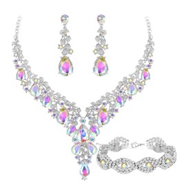 Paxuan Wedding Bridal Bridesmaid Austrian Crystal Rhinestone Jewelry Sets Statement Choker Necklace Earrings Bracelets Sets for Wedding Party Prom (Necklace + Earring + Bracelet (Iridescent AB))