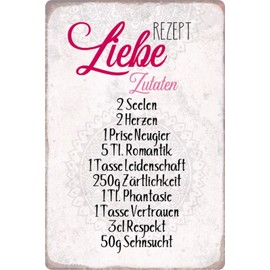 Schatzmix Tin Sign with Saying Recipe Love Ingredients Soul Metal Wall Decoration 20 x 30 cm Tin Sign
