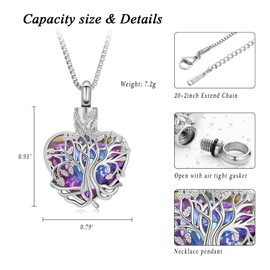 XSMZB Tree of Life Urn Necklace for Women Crystal Heart Cremation Jewelry for Ashes Keepsake Ashes Pendant for Human Pet(Silver Purple)