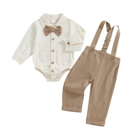MAHUAOYIXI Infant Baby Boy Gentleman Suit 0-18M Long Sleeve Lapel Neck Button Up Rompers Shirts With Bow Tie and Solid Color Suspender Pants 2Pcs Set Clothes for Todder Boys (Khaki, 9-12 Months)