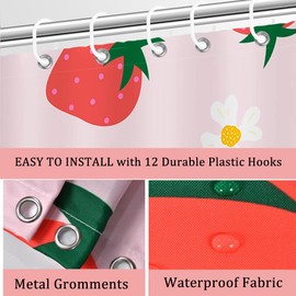 Inshere Cute Strawberry Shower Curtain for Bathroom with 12 Hooks, Pink Funny Strawberry Fruit Flower Shower Curtains Set for Bathroom Decor 72x72 Inch Waterproof Fabric