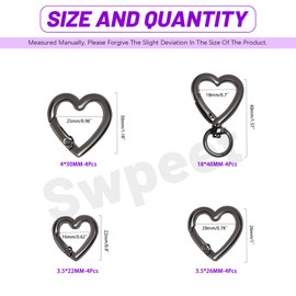 Swpeet 16pcs 3Sizes Black Heart-Shaped Spring Rings and Spring Snap Hook Rotating Ring Assortment Kit, Heart Carabiner Key Ring Clip Heart-Shaped Rings for DIY, Crafts