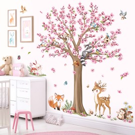 decalmile Woodland Animals Large Flower Tree Wall Decals Cherry Blossom Deer Fox Wall Stickers Baby Nursery Kids Bedroom Living Room Wall Decor