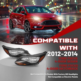 HECASA Pair Headlights Assembly Compatible with 2012-2014 Ford Focus 4-Door Replacement for FO2502298 K301153LAS1 FO2503298 K301153RAS1 Left&Right Headlamp Halogen w/bulbs Clear Lens+Black Housing