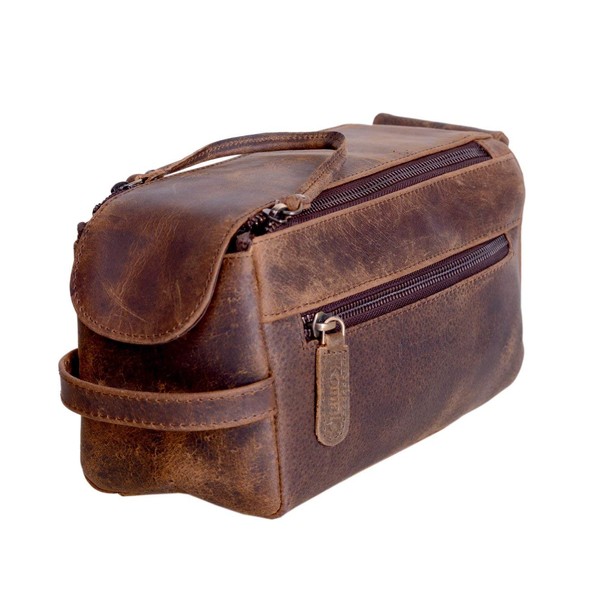 KOMALC Genuine Buffalo Leather Unisex Toiletry Bag Travel Dopp Kit (Distressed Tan)