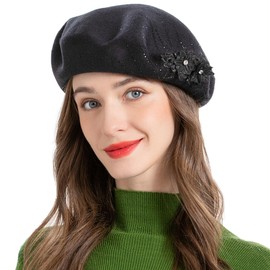 ZLYC Womens French Beret hat, Reversible Solid Color Cashmere Knit Warm Beret Cap for Girls (Two Flowers Black)
