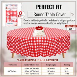 Showgeous 8 Pack Red and White Checkered Tablecloth 84" Round Gingham Tablecloth Disposable Plastic Table Covers Picnic Party Table Cloths Waterproof Round Tablecloth for Parties Birthday Holiday