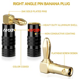 AMXINWANG Right Angle Banana Plugs (2 Pairs, 4 pcs), Dual Screw Type Speaker Connectors, 24K Gold Plated Speaker Wire Plugs (Support 12 AWG to 18 AWG Wires)