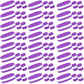 Eurzom 36 Pcs Bulk Sweatband Set - 12 Striped Sweat Absorbing Headbands and 24 Striped Cotton Wristbands for Gym, Sports (Purple, White)