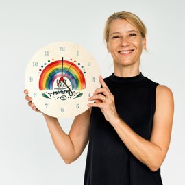speecheese Rainbow Wall Clock with Saying Enjoy Every Moment Motivation Pure Rainbow Colours Colourful in Red, Orange, Yellow and Green for Colourful Joy in Everyday Life
