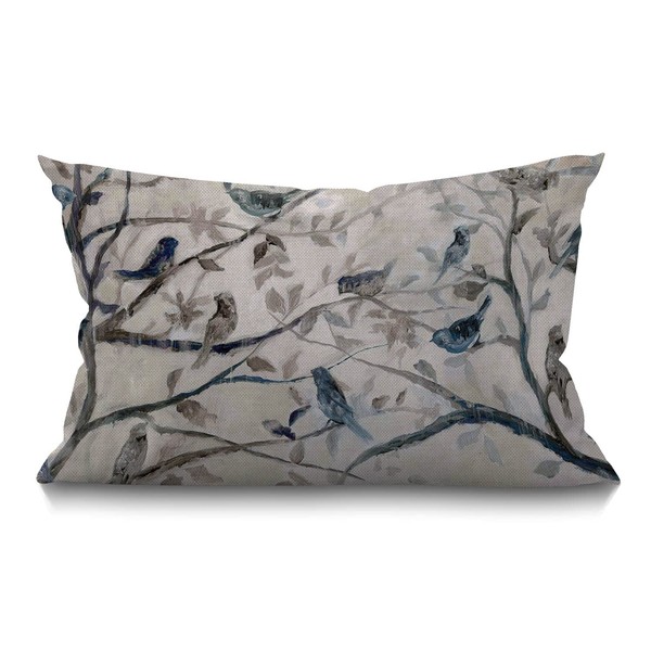 BGBDEIA Cushion Cover Ink Painting Blue Grey Lovely Birds branch