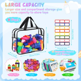 8 Packs Large Toy Storage Bags with Labels&Manual Pocket, Reusable Clear PVC Board Game Storage Bags, Travel Waterproof Organizer Bags with Zipper for Building Blocks, Puzzle, Cosmetic