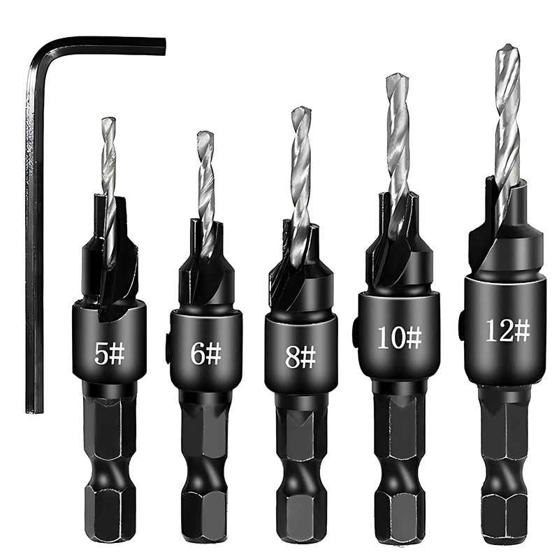 Countersink Drill Bit Set 5pcs, HSS Wood Drill Bits with