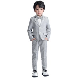 Boys Suits 3 Piece Plaid Kids Tuxedo Blazer Pants with Bow Tie Dress Modern Suits for Boys US Size 8 Light Grey