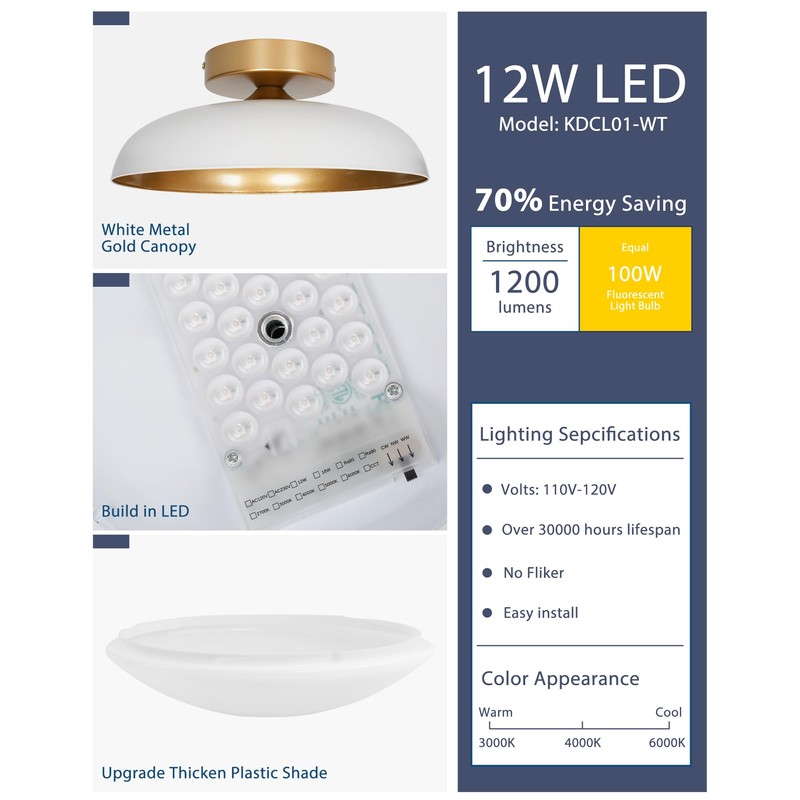 kudos White and Gold Ceiling Light Fixture 2 Pack, LED