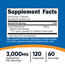 Nutricost Lemon Balm (3,000mg Equivalent) 120 Vegan Capsules - Melissa Leaf Lemon Balm Extract, 60 Servings