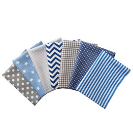 Gnognauq 7pcs Cotton Quilting Fabric, Blue Grey Fat Quarter Fabric Bundles Printed Patchwork Squares Polka Dot Wave Striped Gingham Fabric for Sewing DIY Crafts, 18 x 22 inches