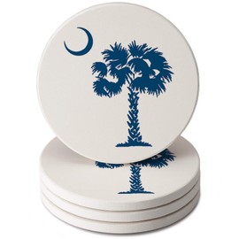 CounterArt Blue Palmetto Round Absorbent Stone Coaster 4 Pack with Protective Cork Backing Manufactured in The USA