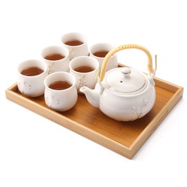 Dujust Japanese Tea Set, White Porcelain Tea Set with 1 Teapot Set, 6 Tea Cups, 1 Tea Tray, 1 Stainless Infuser, Cute Asian Tea Sets for Adults/Tea Lover/Women/Men (Plum in Golden)