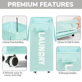 Goodpick Rolling Laundry Basket with Wheels,75L Large Collapsible Laundry Hamper with Removable Wash Bag Space for living room, Blue