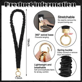 Scrunchie Teacher Lanyards for ID Badges, Cute Neck Lanyard for Keys Retractable Stretchy Straps with Card Holder for Women, Black