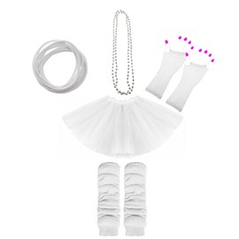 Lizzy 5Pc Neon Costume (Leg Warmers + Fishnet Gloves + 3Layer Tutu + Beads Necklace + Gummy Bracelet) Set | 80s Neon Teen Fancy Dress Dance ware Hen Party Accessory (White, Older Girls)