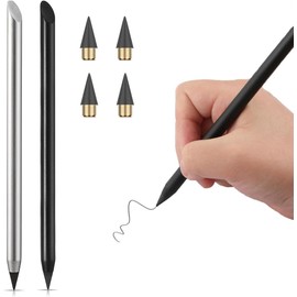 Lápiz de Metal Infinito, 2 Pcs Lápiz Infinito, Bolígrafo sin Tinta de Escritura de Larga Duración con 4 Cabezales Reemplazables, Nunca Afila Lápizs Eterno Sin Tinta (Negro, Plata)